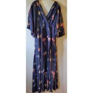 TiMO Womens M Maxi Dress Gray Georgette Floral Drapey Flutter Deep V Romantic